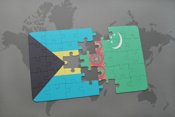 puzzle with the national flag of bahamas and turkmenistan on a world map