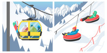 Snowboarder Sitting In Ski Gondola And Lift Elevators Winter Sport Resort Snowboard People Rest Lifting Jump Vector Illustration Mountain