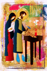 Holy family of Jesus, Mary and St Joseph the worker. Artistic abstract religious design.