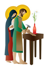 Poster - Holy family of Jesus, Mary and St Joseph the worker. Artistic abstract religious design.