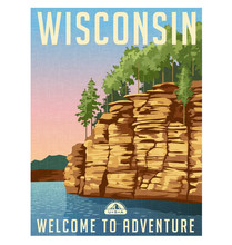 Wisconsin Travel Poster. Vector Illustration Of Sandstone Bluffs On The Wisconsin River. 
