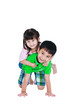 © kdshutterman - Asian kindly brother hugging his sister smiling happy together, isolated on white background.