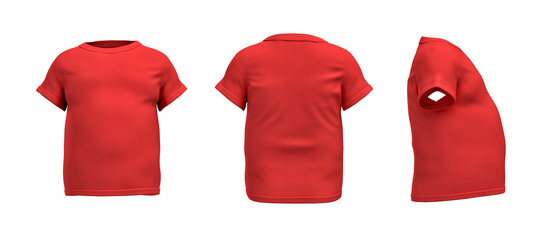 3d rendering of a red T-shirt in realistic fat shape in side, front and back view on white background.