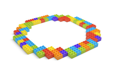Poster - 3d rendering of many building blocks in different colors making up one hollow round shape in side view.