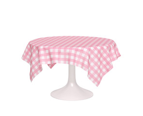 Round table with pink checkered tablecloth