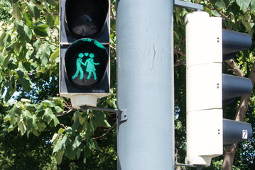 VIENNA, AUSTRIA - JULY 29, 2016: A close-up view of a green traffic light with an image of two walking lesbian girls at the center of Vienna, Austria.