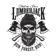 Vintage Hipster Lumberjack Emblem With Crossed Axes Behind The Skull In Beanie, With Beard And Moustache. Sunburst On Background. Monochrome, Isolated On White Background.