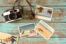 Summer Photo Album Of Journey In Summer Surfing Beach Trip On Wood Table. Instant Photo Of Vintage Film Camera - Vintage And Retro Style