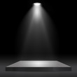 © cgterminal - Square podium, pedestal or platform illuminated by spotlights on black background. Stage with scenic lights. Vector illustration.