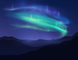 beautiful northern lights in night sky over mountain. vector illustration.