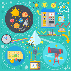 Aufkleber - Flat design concept of science and technology. Scientific Research, Chemical Experiment infographics concept design, web elements, poster banners. Vector illustration.