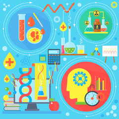 Aufkleber - Flat design concept of science and technology. Scientific Research, Chemical Experiment infographics concept design, web elements, poster banners. Vector illustration.