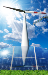 Wall Mural - Solar Panels - Wind Turbine - Power Line - Solar and wind energy