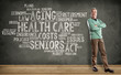 Senior Man, Health Care Word Cloud on Blackboard background
