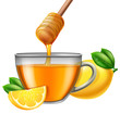 Glass cup of tea with honey and lemon. Vector illustration.
