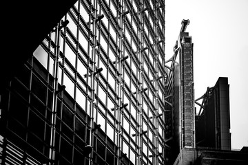 windows of commercial building in Hong Kong with B&W color