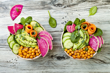 Wall Mural - Vegan, detox Buddha bowl recipe with avocado, carrots, spinach, chickpeas and radishes. Top view, flat lay, copy space