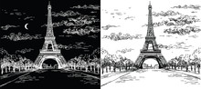 Night And Day Landscape With Eiffel Tower In Black And White Colors