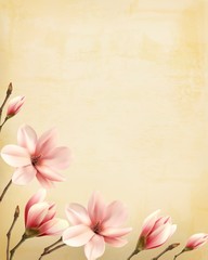 Poster - Nature spring background with beautiful magnolia branches on old paper. Vector.