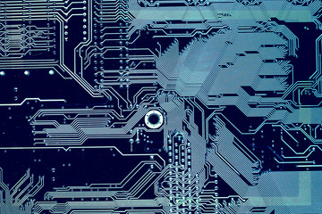 Poster - Circuit board. Electronic computer hardware technology. Motherboard digital chip. Tech science background. Integrated communication processor. Information engineering component.