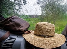  Straw Hat, Backpack In The Car