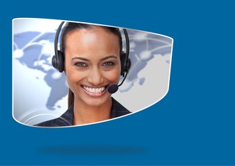Poster - Composite image of Travel agent smiling against blue background