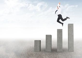 Poster - businessman jumping on a graph against a light sky background