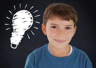Poster - kid and blackboard with lightbulb against a black background