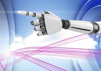 Poster - Composite image of robot hand pointing against sky