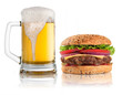 Hamburger and glass of beer isolated on white