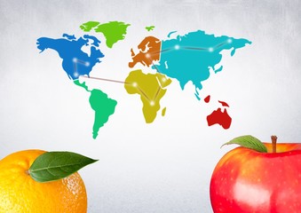Poster - Composite image of colored fruits against world map