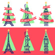 New Year greeting cards. Famous landmarks - Eiffel Tower, Statue of Liberty, Big Ben - with Christmas tree triangle silhouette on the background. 