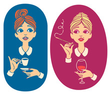 Two Colorful Vintage Portraits - Young Red Haired Woman Drinking Coffee And Blonde Lady Drinking Wine And Smoking