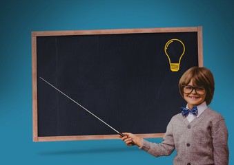 Sticker - kid and blackboard with lightbulb against a blue background