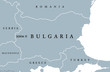 Bulgaria political map with capital Sofia, national borders, and neighbor countries. Republic and country in southeastern Europe. Gray illustration with English labeling on white background. Vector.