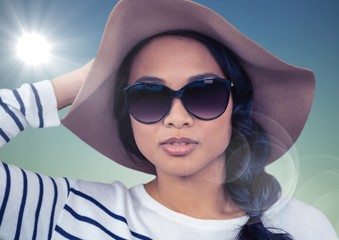 Sticker - Woman in summer hat against blue background with flare