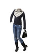 Empty clothes. Woman in casual clothes. White and black sweater, worn jeans, high heel boots and black purse.