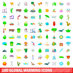 Wall Mural - 100 global warming icons set, cartoon style