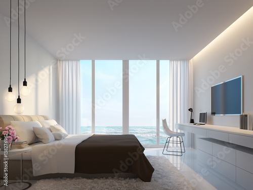 Modern White Bedroom With Sea View 3d Rendering Image