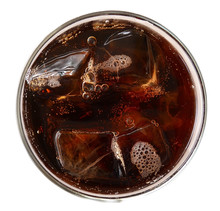 Cola With Ice Cubes In Glass Top View Isolated On White Background, Clipping Path Included