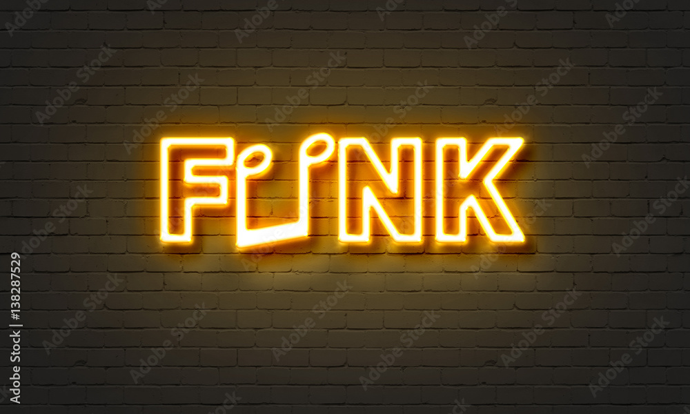 Funk neon sign on brick wall background. - obrazy, fototapety, plakaty 