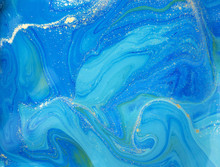 Blue And Gold Liquid Texture. Hand Drawn Marbling Background. Ink Marble Abstract Pattern