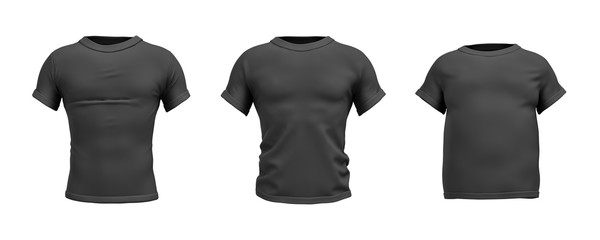 3d rendering of a black T-shirt in realistic slim, muscular and fat shape in front view on white background.