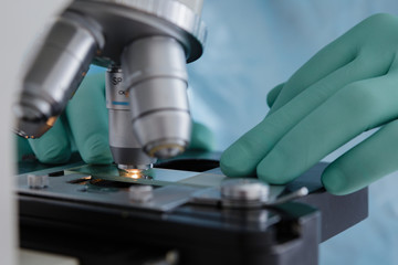 Wall Mural - close up view of scientist hands with gloves set the sample in the microscope for research