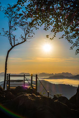 Canvas Print - Beautiful Landscape of Sunrise with mist, sky and cloud shooting from top mountain at Phu Bo Bit, Loei, Thailand
