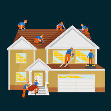 Roof Construction Worker Repair Home, Build Structure Fixing Rooftop Tile House With Labor Equipment, Roofer Men With Work Tools In Hands Outdoors Renovation Residential Vector Illustration