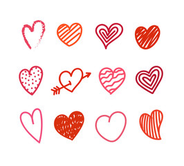Poster - Different Valentines day hand color, drawn hearts set. Sketch style hearts collection