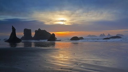 Wall Mural - Sunset surf at Bandon Beach with seastacks, Oregon