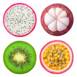 Isolated tropical fruits slices. Pieces of dragonfruit, mangosteen, kiwi and passion fruit isolated on white background with clipping path