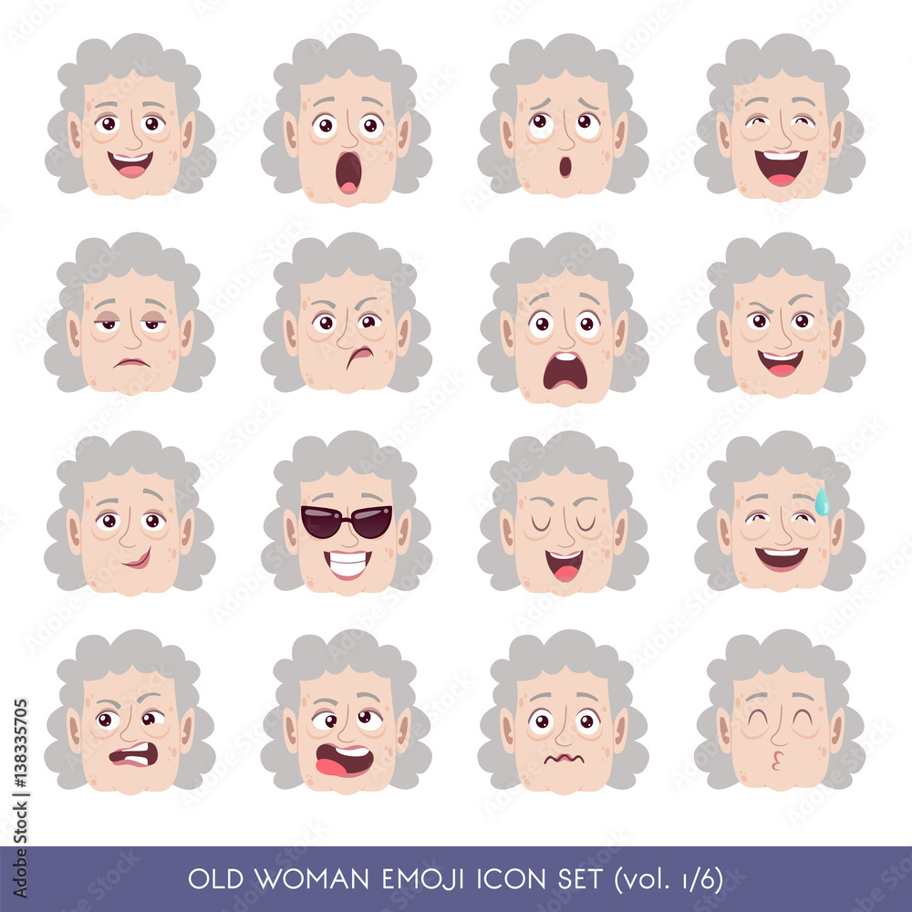 Set of senior female facial emotions. White senior woman emoji ...